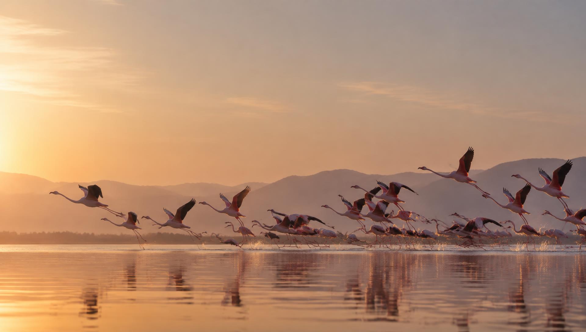 Flamingo's die opvliegen boven een meer